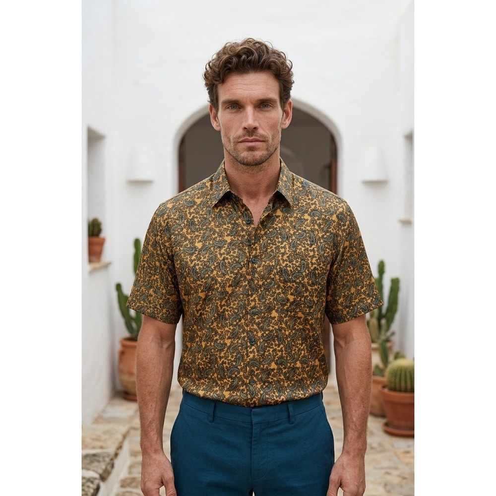 Thai Silk‎ by Apple Mens XXXL Gold Blue Paisley Short Sleeve Button Up Shirt Y2K